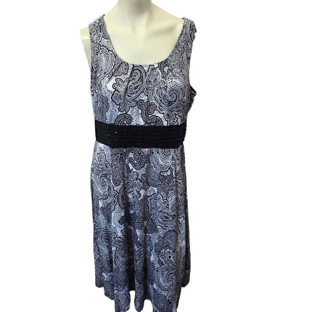 Perceptions New York XL Paisley Midi Dress Black White Empire Waist Stretch